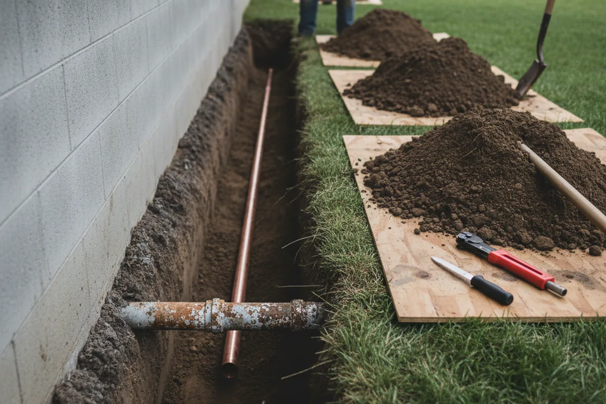 Excavated water line trench during Water Softener Installation in Gardner